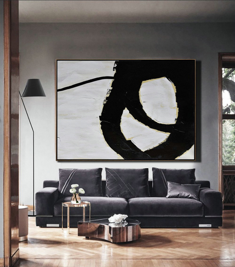 Large Oil Canvas Art,Horizontal Palette Knife Minimal Canvas Art Painting Black White Beige - Acrylic Painting Wall Art